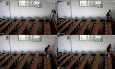 经典体育课一对情侣跑到自习室打野炮，谁想值班室正好有人看着摄像头，等着学校处分吧